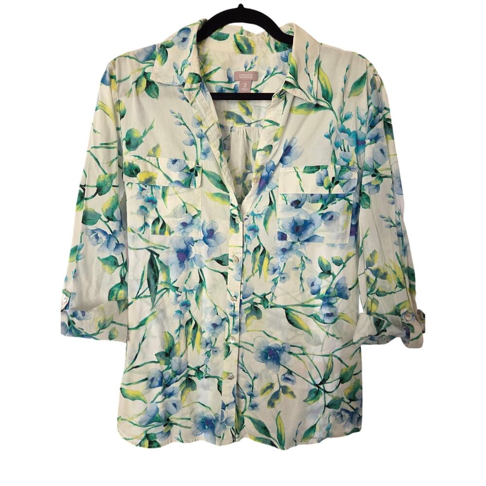 Chico's XL 16 Floral Lightweight Cotton Utility Button Down Shirt Streetwear